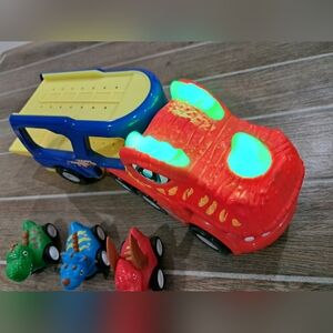 Dinosaur Transport Carrier Truck with 3 Dino-Cars Sounds/Lights WORKING